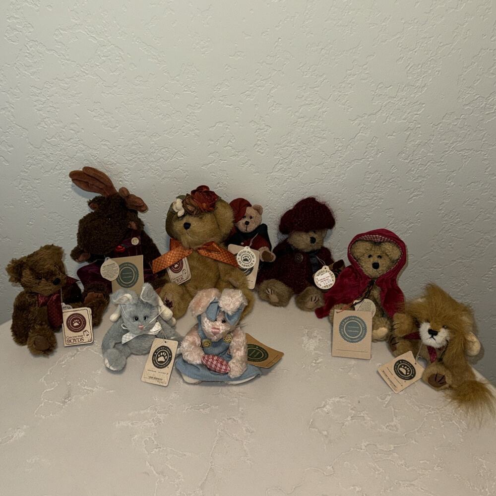 9 Boyd’s Bears, All Are Articulated, All Have Tags -Lion, Bunnies, Moose & Bears